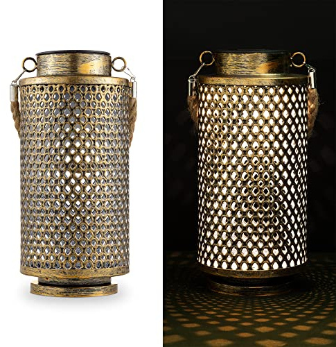 Navaris LED Solarlaterne zylindrisch für außen - mit Tragegriff - cooler Schatteneffekt - Orientalische Garten Solar Laterne - Gartendeko Lampe Gold