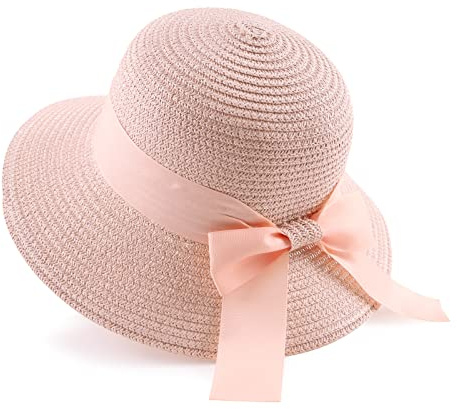 Zsedrut Women,Little Girls Straw Sun Hat Summer Beach Cap Foldable Visor Floppy Hats Wide Brim with Bowknot(Pinkbow,2-4T)