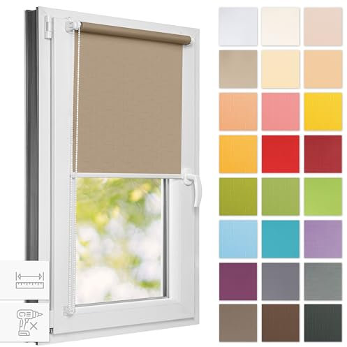 Estika Rollo für Fenster ohne Bohren - 60cm x 120cm - Dunkelbeige - 25 Stofffarben, Klemmfix Montage, Fensterrollos für innen, Sichtschutz für Fenster und Balkontür (60 cm Stoffbreite)