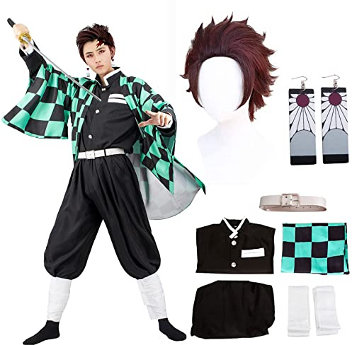JYakeji 9 stycken Tanjirou cosplay kostym kimono för barn vuxna japansk anime kostym halloween kimono outfit med peruk, Grön, XXL