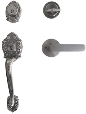 LOCKSET Single Front Door Hardware Set Luna with Lever Handle and deadbolt. European Style. Antique Brass.