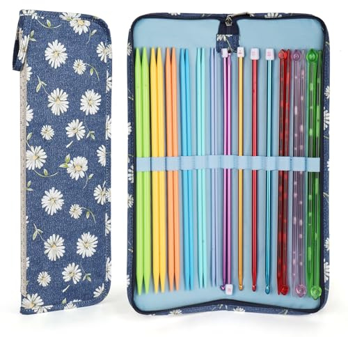 Aeelike Blaues Gänseblümchen Stricknadeln Aufbewahrung Etui, 43 × 14 × 2 cm, Extra Lang Organizer Tasche für Lang Tunesische Häkelnadel Aufbewahrung, Stricknadel Set und Nadelspiel Set (nur Tasche)