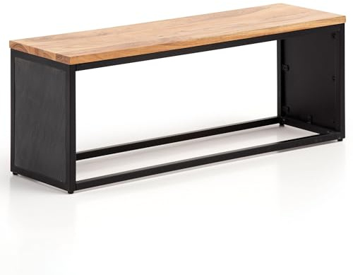 Wohnling Sitzbank 120x35x45 cm Akazie Massivholz Steinoptik | Flurbank mit Metallgestell schlank, Bettbank für Schlafzimmer, Garderobenbank klein mit natürlicher Sitzfläche