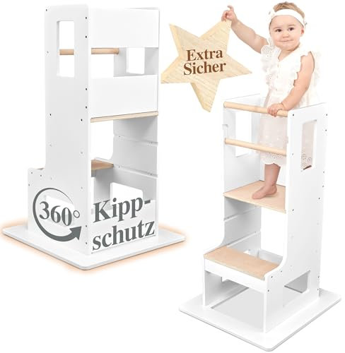 Kids Woody Star® Lernturm ab 1 Jahr [360° KIPPSCHUTZ] Höhenverstellbar Learning Tower Lernturm Montessori | Tritthocker Kinder | Holz/Weiß Eckig