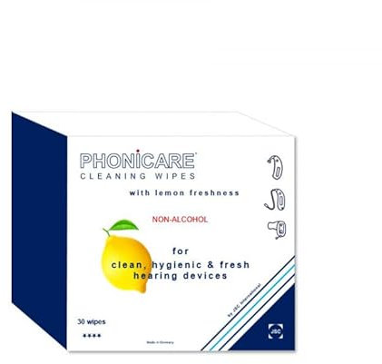 Phonicare Reinigungstücher einzeln verpackt für Schwimmkappen, Ohrstöpsel, Otoplastik, Hörgeräte und Hörgerätezubehör - 30 Tücher à 2g Mikrofaser, Zitronenduft, Alcool-frei