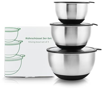 Wundermix – Set de 3 Boles de Acero Inoxidable (15l, 3l, 5l) • Juego de Boles con Tapas • Cuencos Antideslizantes • Cuencos de Cocina • Bol para Mezclar • Ensaladeras
