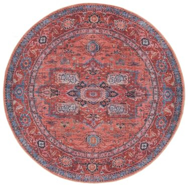 RugVista Georgia Oriental Teppich, Ø 160 cm, Rot/Blau | Orientalische, Rund, Mittlerer Stapel, Maschinenwäsche, Oeko-Tex 100, Wohnzimmer, Schlafzimmer