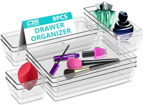 Clear Drawer Organiser Trays Set – Makeup Organiser Tray for Drawers – Versatile Makeup, Cosmetics, and Utensil Storage for Bedroom, Office, and Kitchen- Cutlery Set Divider In 4 Sizes (9 PCS)