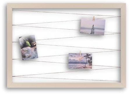 CLAMARO Collage Line Fotoleinenhalter, Beige, 65 x 45 cm, Querformat | Juteband-Fotoleine, 20 Holzklammern aus Echtholz, MDF-Rahmen 30 mm breit, Metall-Wandaufhänger, für Fotocollagen und Wanddeko