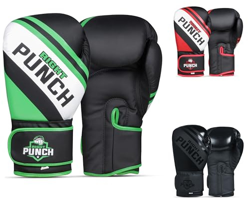 Right Punch Leather Boxing Gloves for Men & Women | Training Gloves for Sparring, MMA, Kickboxing, Muay Thai, and Martial Arts (Green 16 OZ)