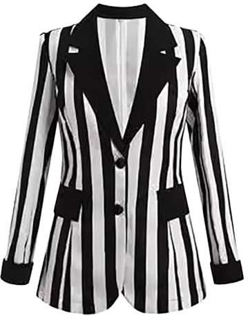 Blazer - Chaqueta blazer para mujer, diseño a rayas, color blanco y negro, Negro , L
