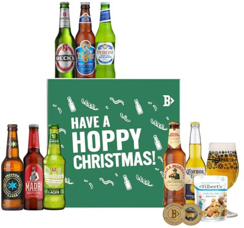 Lager Hoppy Christmas Beer Gift Set – 8 Lagers with Beerhunter Glass | Premium World Lager Selection | Festive Craft Beer Christmas for Him or Her