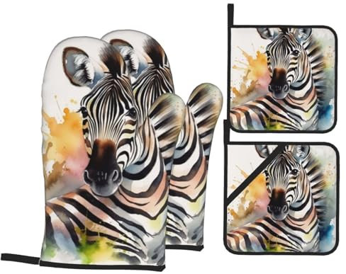 4 Piece Oven Mitts and Pot Holders Set Heat Resistant Oven Gloves and Potholders BBQ Gloves Hot Pads Cute Zebra Watercolor Cooking Gloves for Kitchen Baking Grilling