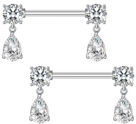 Besyvvin Nipple Bars 14mm Stainless Steel 14G Silver Nipple Rings Round CZ Nipple Piercing Jewellery for Women
