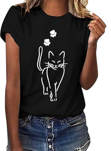 Lonya Maglietta Donna Manica Corta Nero Estive Elegante T Shirt Girocollo Casual Stampa Grafica Carina Base Blusa Top Gattino,L
