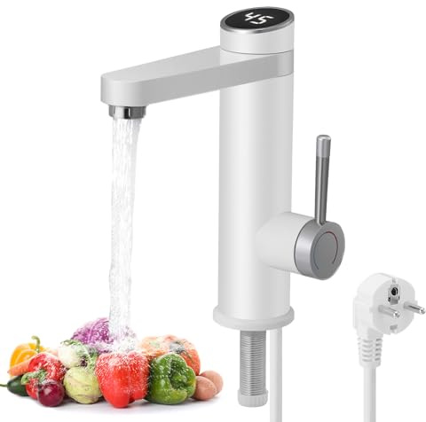 Robinet de Chauffe-Eau éLectrique Instantané, chauffe eau Intelligent en Acier Inoxydable 3200W, Robinet éLectrique Salle Bain, Cuisinede Salle de Bain (Blanc (Buse Rotative 120°))
