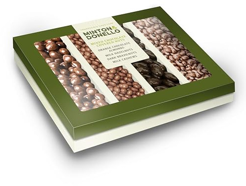 Minton & Donello 370g Chocolate Nut Gift Tray - Orange Chocolate Almonds, Milk Chocolate Hazelnuts, Dark Chocolate Brazil Nuts, Milk Chocolate Cashews