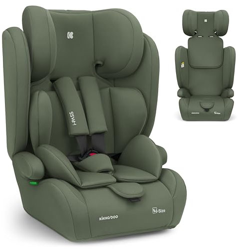 KikkaBoo Seggiolino Auto 9-36 kg Senza ISOFIX i-PASS, Gruppo 1/2/3, Da 15 Mesi a 12 Anni, i-Size 76-150 cm, Poggiatesta Regolabile 13 Posizioni, Verde militare
