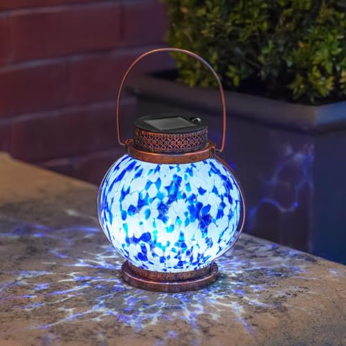 Festive Lights - 17.5cm Blue & White Glass Solar Powered Lantern - Bright LED Bulb, Rechargeable Panel - IP44 Outdoor Hanging Garden Table, Pathway & Pergola Mosaic Light – Brass Handle, Metal Frame