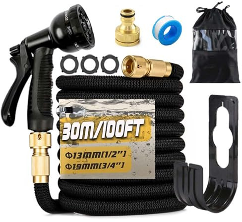 100FT/30M Expandable Garden Hose Flexible Magic Garden Hose Pipe with 3/4 1/2 Fittings, 8 Function Spray Nozzle, 3-Layer Latex Tube (Black)