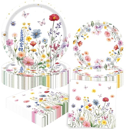 BACH AND BOOZY 60pcs fiori selvatici festa forniture piatti e tovaglioli di carta floreali decorazioni per il tè bomboniere floreali per babyshower compleanno matrimonio e doccia nuziale