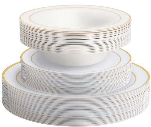 MATANA 75 Pcs Reusable White & Gold Plastic Dinnerware Set for 25 Guests - 25 Dinner & 25 Dessert Plates, 25 Bowls - Perfect for Weddings, Parties, Birthdays