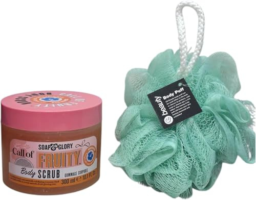 Soap Glory Körperpflege, Call of Fruity Peeling, Körperpeeling, 300 ml, mit kostenlosem Beauty Body Puff(jede Farbe)