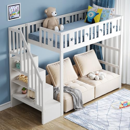 Etagenbett für Kinder mit Treppe,Hochbett aus Massivholz mit Sicherheitsgeländer, Stern- und Monddekoration (Weiß, 90 * 200)