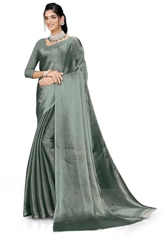 ETHNICMODE indien Sari For femme Plain Zari Chiffon Light Weight Party Wear Gold Pista Saree With Unstitched Blouse Piece-1249
