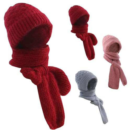 HDQQEU Kapuzenschal Winter Versatile Knitted Hooded Scarf for Women, 2 In 1 Integrierter GehöRschutz Winddichte MüTze Schal Set Für Damen (DE/NL/SE/PL, Alphanumerisch, Einheitsgröße, Weinrot)