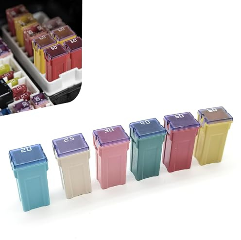 Bawkars 6 PCS Car Fuse Combination Set, 20A 25A 30A 40A 50A 60A Fuses Automotive Kit, 1.06 x 0.47 x 0.39 Square Blade Fuse Replacement, Universal for Cars (Multicolored)