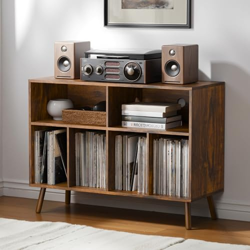 AUREUM OPAL Record Player Stand with Vinyl Storage Cabinet, Wood Turntable Table Open Shelf Holder Up to 350 Albums Cube Storage Organizer for Living Room, Office, Rustic Brown
