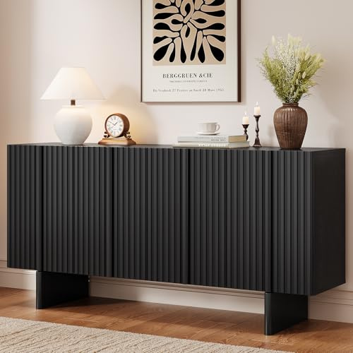 ONBRILL 63 Fluted Sideboard Buffet Cabinet with Storage, Large Sideboard Cabinet with Adjustable Shelves, Modern Credenza with 4 Doors, Kitchen Cabinets for Living Room, Entryway (Black)