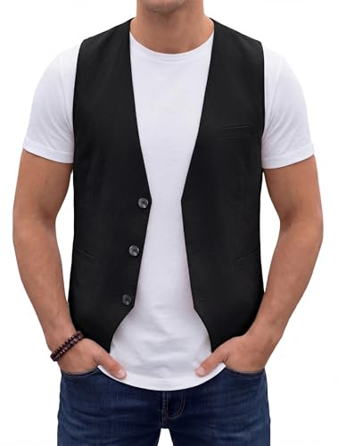 HISDERN Chaleco Negro de hombre de algodón y lino ideal para verano Chaleco informal ligero y transpirable con bolsillos M