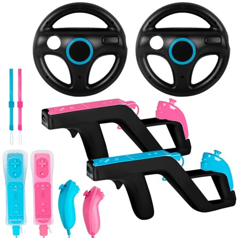 Wii U Deluxe Gaming Set - 2 Pack Black Steering Wheels and Wii Zapper Light Guns + 2 Motion Plus Wireless Controllers with Nunchucks + 2 Silicone Cases & Wrist Straps, Compatible with Nintendo Wii & Wii U Console (Blue & Pink)