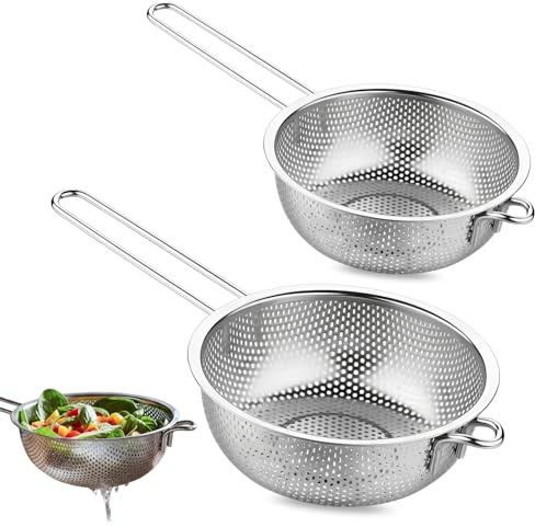 2 PCS Stainless Steel Wash Basket, Spaghetti Metal Sink Metal Sieve Rice Washer Perforated Strainer with Long Handle for Pasta Fruits Vegetables (19.2cm+22.5cm)