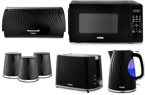 Tower Sonar Black Kitchen Appliance and Storage Set – 1.7L Rapid Boil Kettle, 2 Slice Toaster, 20L 800W Digital Microwave T24045BLK, Bread Bin and Tea Coffee Sugar Canisters