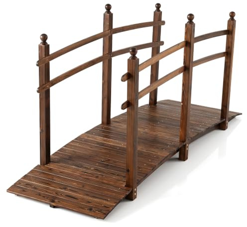 COSTWAY Brücke, Teichbrücke Gartenbrücke, Braun (230 x 73 x 108 cm) | Holzbrücke mit Geländern, Zierbrücke bis 500 kg, aus massivem Tannenholz, Dekobrücke für Garten Teich Außenbereich
