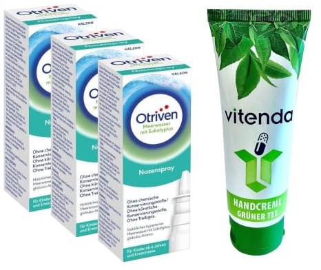 vitenda Set: Meerwasser Nasenspray mit Eukalyptus & Minze bei verstopfter Nase, mit Otriven, 3x20ml – inkl. vitenda Handcreme