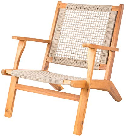 Patio Sense 62773 Vega Natural Stain Outdoor Chair Acacia Wood Construction Hand Woven Seat Mid Century Design Comfortable Reclining Armchair Patio Lawn Garden Backyard Deck - Ecru Cording