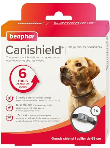 BEAPHAR - CANISHIELD 1,04 g – 1 Collier médicamenteux antiparasitaire pour Grands Chiens – Substance Active : Deltaméthrine - Agit Contre Les tiques, Les puces et Les phlébotomes – 65 cm