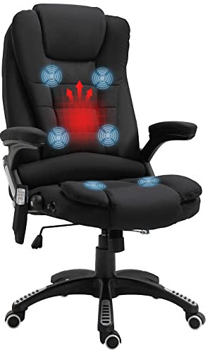 Vinsetto Bürostuhl mit Massagefunktion Ergonomischer Chefsessel mit Heizfunktion, Liegefunktion, Wippfunktion Höhenverstellbar 360° Drehbar Computerstuhl mit Seitentasche, Leinenoptik, Schwarz
