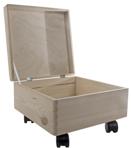 WooDeeDoo Square Wooden Underbed Storage Box with Hinged Lid and Wheels – Plain Pine Medium Memory Toy Keepsake 9L Chest to Decorate – Smooth Rolling DIY Craft Box – 30 x 30 x 19 cm