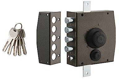 THIRARD - Serrure en Applique à Bouton pour Porte d'Entrée - Gauche - 3 Points - Coffre et Gâche Acier - Verrouillage à Trois Points - 154 x 140 mm - Noir - 5 Clés Incluses