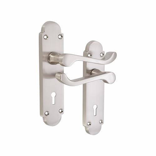 Infinity Decor Pair of Victorian Scroll Satin Nickel Curved Lever on Shaped Backplate Keyhole Lock Door Handles Set - Ideal for Interior & Exterior Doors