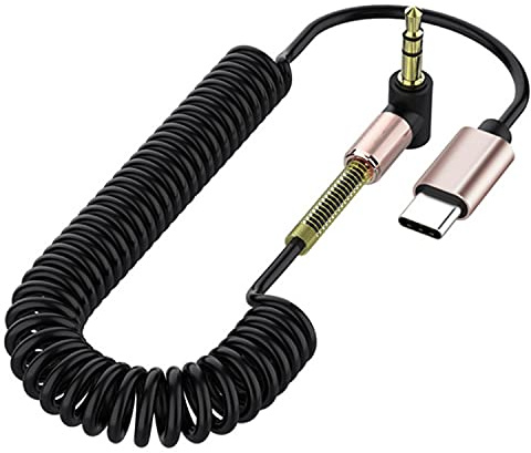 GELRHONR Coiled USB C auf 3,5 mm Audio-AUX-Klinkenkabel - Rechtwinkliges Typ C-Federkabel, Vergoldetes 90-Grad-Audiokabel, Max. 1,5 m