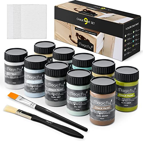 Magicfly 15 Pcs Chalk Furniture Paint Set, 9 Colors Ultra Matte Finish Acrylic Craft Paint Set (60 ml/2 oz) with 1 Liquid Wax, 2 Brushes, 3 Sandpapers, Perfect for Home Decor, Crafts-Farmhouse