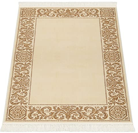 Belle Arti Luxus Kurzflor Teppich Barock Wohnzimmer Schlafzimmer Wonzimmerteppich mit Fransen in Creme beige - Seidenglanz Antirutsch Weich Antiallergisch 100% Viskose - beige, 67x105 cm