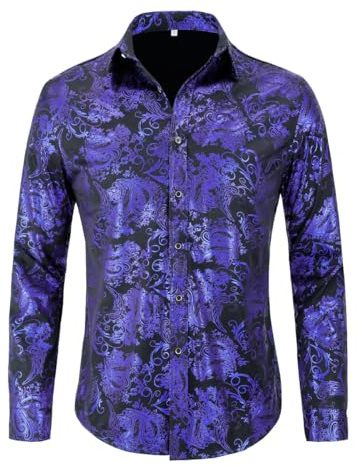 Allthemen Herrskjorta, jacquard, långärmad fritidsskjorta, satin, paisley, bröllop, blå, 3XL