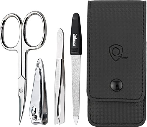 marQus Maniküre Set 4 teilig praktisch und kompakt- mit Feile aus Solingen, das praktische Nagelpflegeset für alle Fälle und Taschen, Reise Nageletui Farbe: Carbon